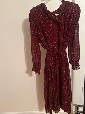 Tie-Waist Long Sleeve Midi Dress in Burgundy